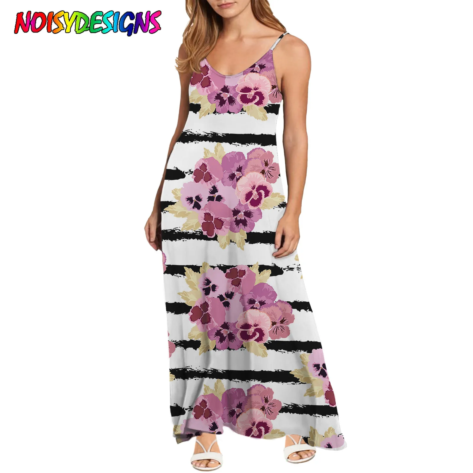 NOISYDESIGNS 2021 Newest Women's Summer Pink Floral Pansy Flowers Printing Long Maxi Beach Dress Sleeveless V Neck Sundress