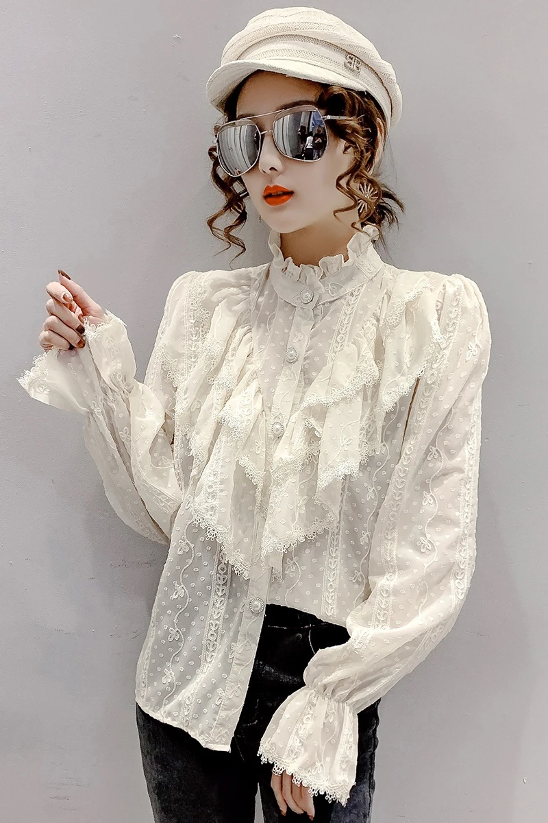 

COIGARSAM Full Sleeve Shirt Womens tops New Lace Women shirts Apricot White 209