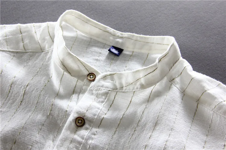 

short sleeve striped mandarin collar cotton linen shirt summer japanese style shirts for men gray blue white