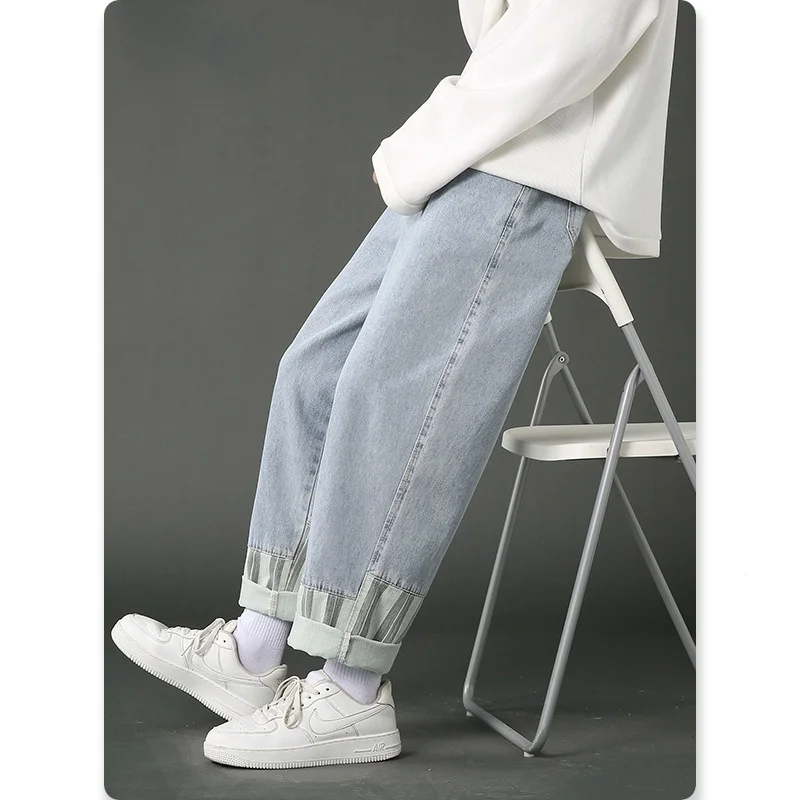 

New Autumn Jeans For Men Japanese Streetwear Loose Straight-Leg Trousers Men's Patchwork Stripes Fashion Hip Hop Harajuku Pants