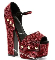 Bling Bling Rhinestone High Platform Chunky Heel Sandals Red Gold Black Crystal Ankle Strap Thick High Heel Sandals Dress Shoes