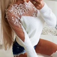 sweater floral pattern stitching womens lace mesh sexy slim knit warm long sleeved suit elegant winter vintage sweater top
