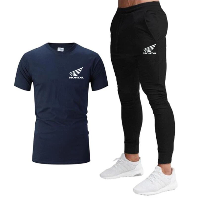 

Spring And Summer Men's Printed Round Collar Fitness Exercise Jogging Short Sleeve + Sports Pants Suit