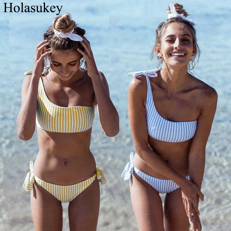 Комплект бикини в полоску женский купальник на одно плечо сексуальные