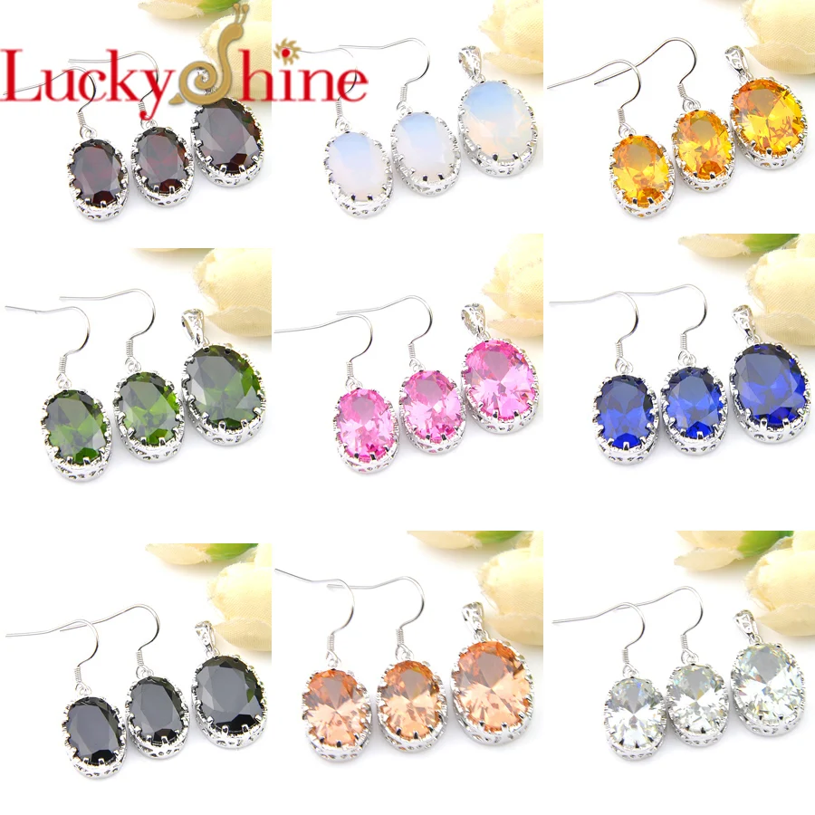 

Luckyshine 2 Pcs Set Earrngs Pendants Colored Onxy Kuzite Garnet Morganite Weddings Jewelry Silver For Woman's Bride Sets New