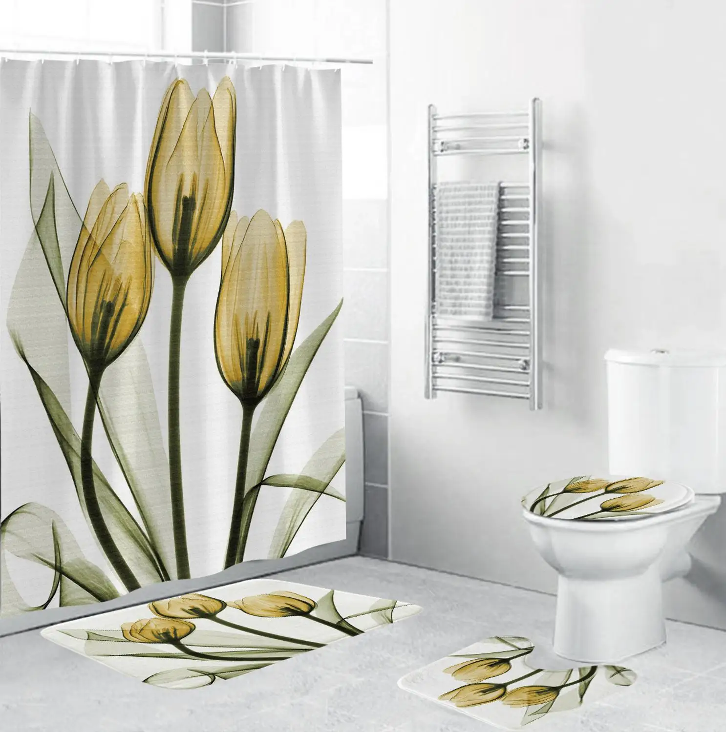 

Shower Curtain 4pcs/Set Bathroom Accessories Set Waterproof Daffodils Elegant Bath Curtain rideau de douche T124