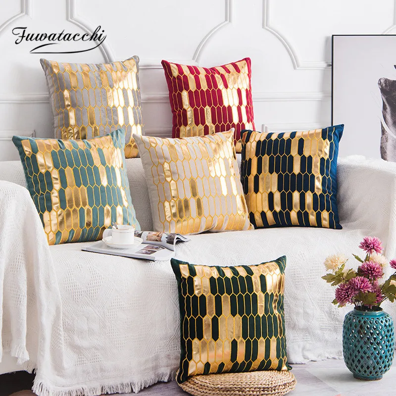 

Fuwatacchi Luxurious Golden Bronzing Thick Velvet Pillow Cushion Cover Home Sofa Decorative Kussenhoes Housse de Coussin Cojines