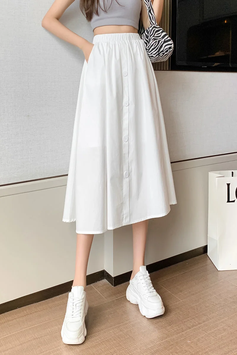 

Tooling skirt women's single breasted design solid color versatile umbrella skirt medium length skirt high waist pocket casual