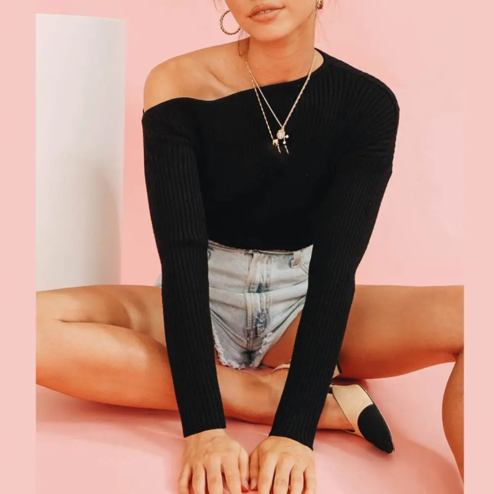 Новые осенне-зимние свитера с открытыми плечами сексуальный Женский приталенный