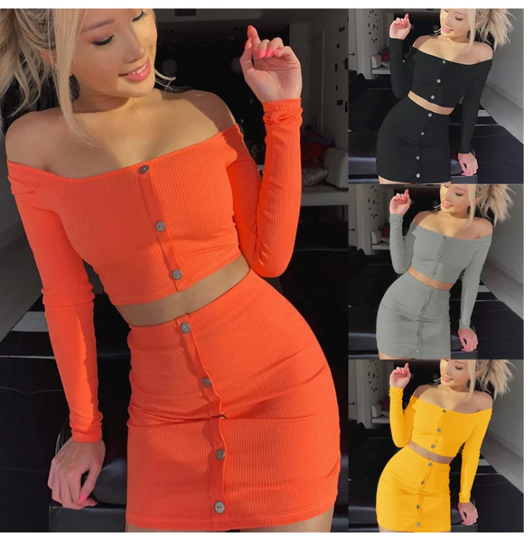 2 Piece Set Women Skirts Suits Spring Autumn Ladies Solid Sexy Button Off Shoulder Clothes Long Sleeve Crop Top Short Skirt Suit