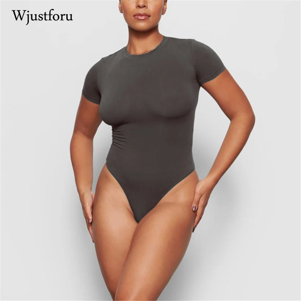 

Wjustforu O-Neck Short Sleeve Sexy Bodysuit Women High Leg Cut One Piece Outfit 2021 Summer Skinny Vintage Outfits Female