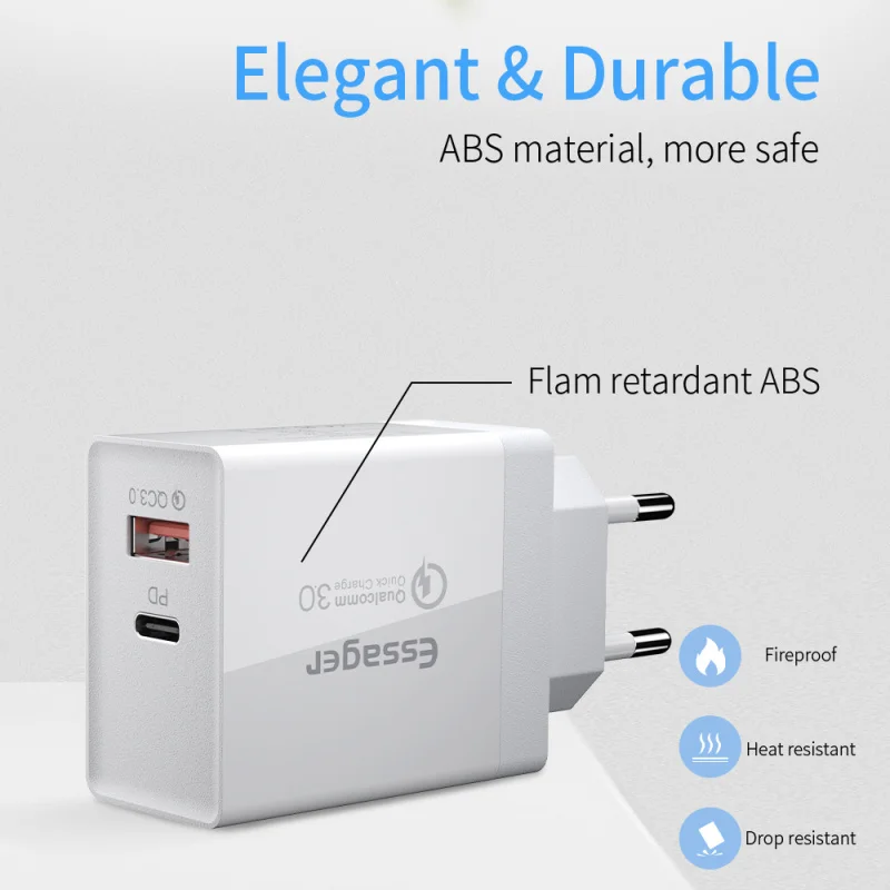 Essager 36 Вт QC3.0 QC type C PD Plug Turbo Быстрая зарядка настенное зарядное устройство для