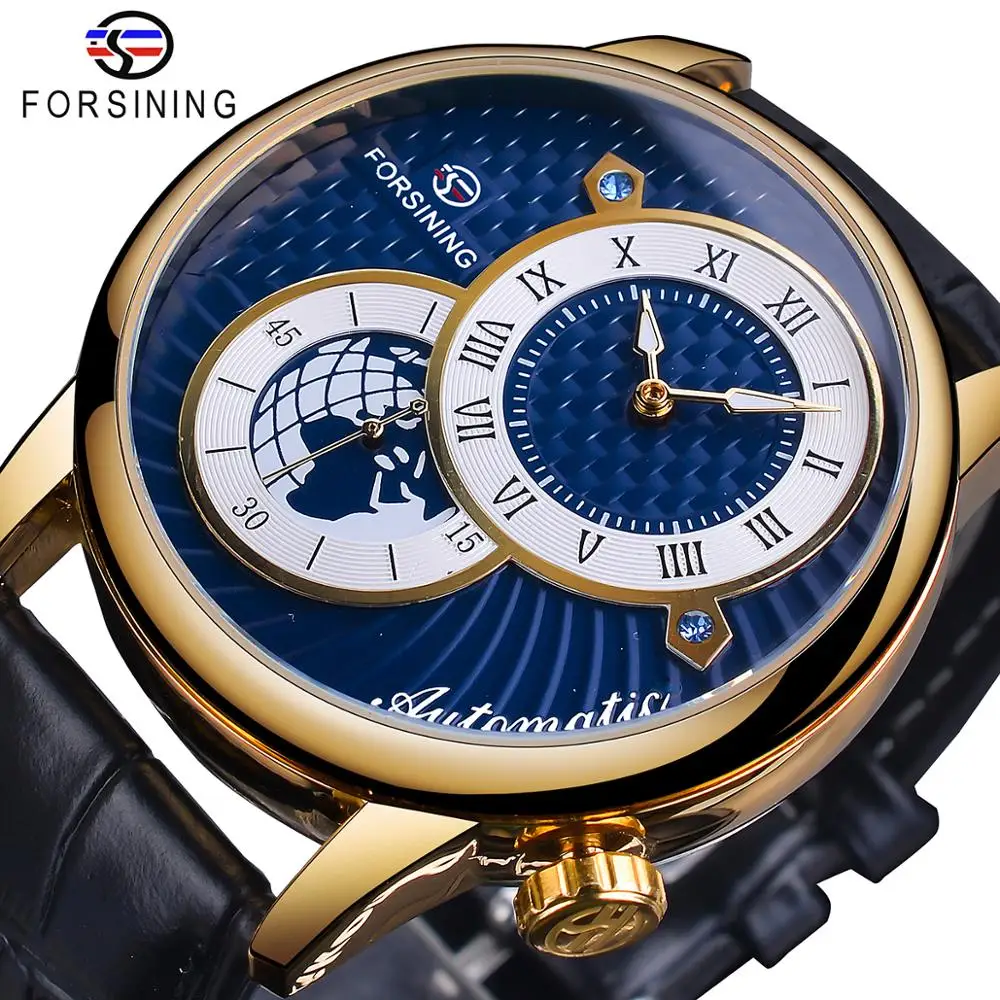 Forsining Blue Dial Men Automatic Watch Waterproof Black Genuine Leather Band Luminous Hand Mechanical Clock Sport Wristwatch