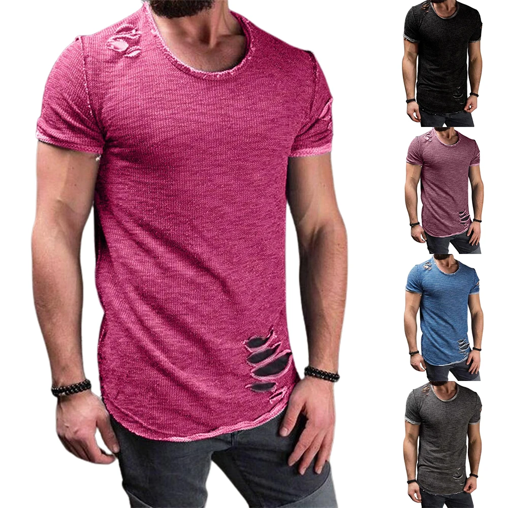

Solid T Shirt Men Top Fashion Retro Hole O Neck Short Sleeve Harajuku T Shirt Men Clothing Streetwear Beach Casual T Shirt