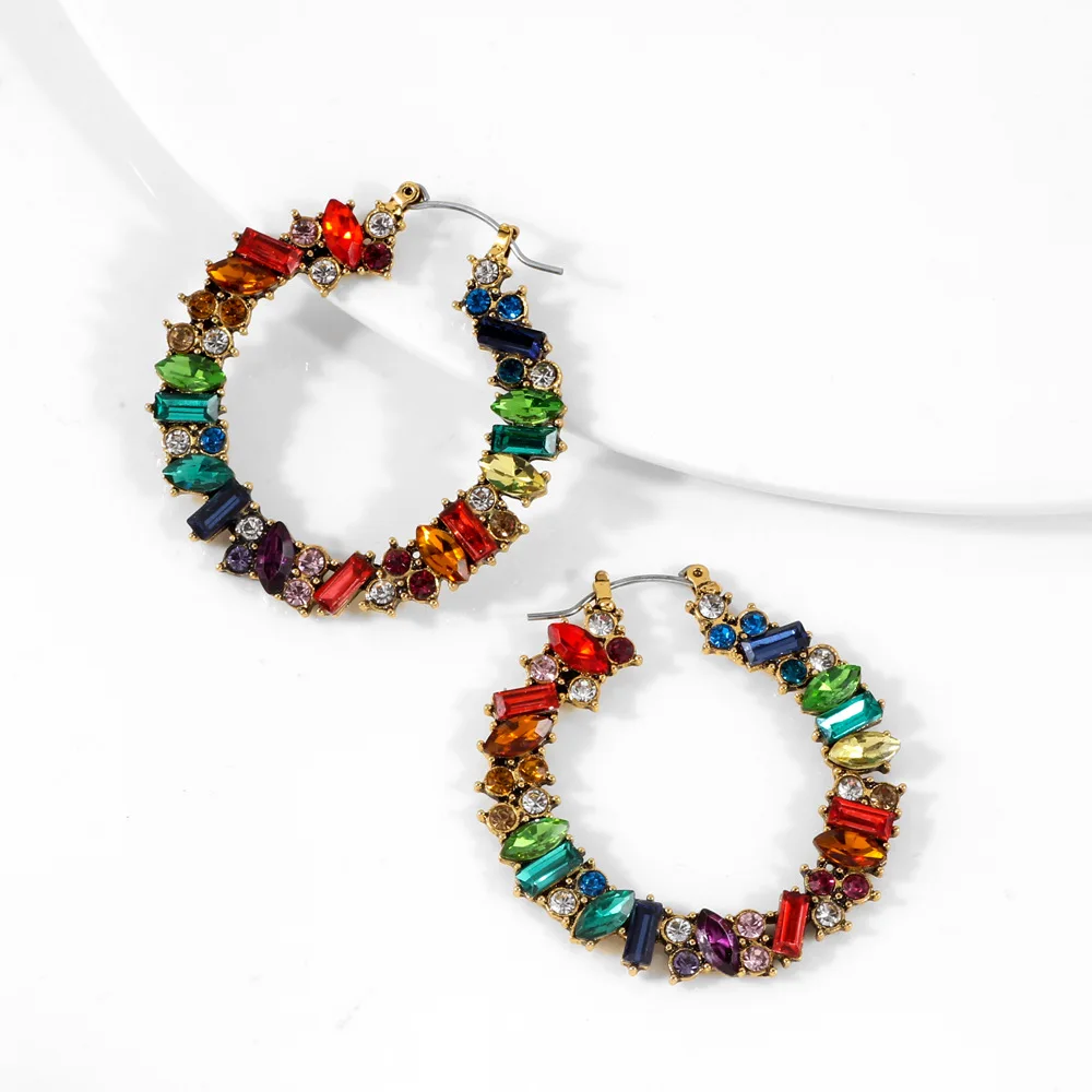 

VG 6YM Colorful Crystal Rainbow Big Hoop Earrings For Women C Shaped Earring Street Style Party Female Jewelry Accessories