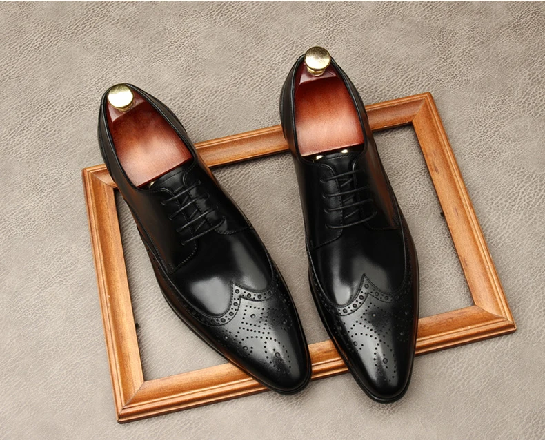 

Genuine Leather Mens Fashion Dress Shoes Wedding Brogue Pointed Toe Lace Up Men Fashion Business Black Formal Party Oxford Shoes