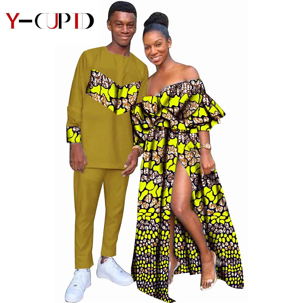 African Clothes for Couples Bazin Riche Sexy Women Vestidos Ankara Print Ruffle Dresses Men Patchwork Tee and Pants Sets S20C004