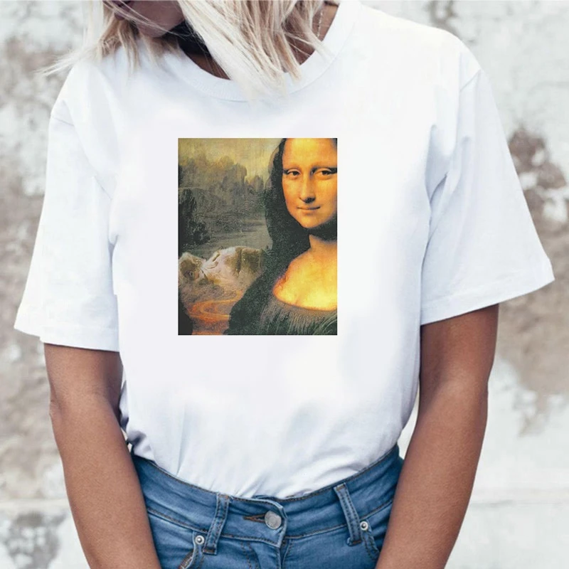 

Graphic tees tops Mona Lisa theme tshirts women funny t shirt white Tops casual short Camisetas Mujer_T-Shirt