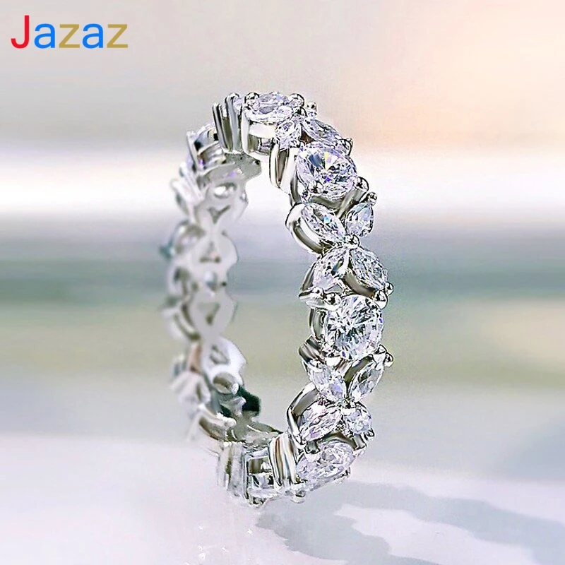 

Jazaz 100% 925 Sterling Silver Sparkling Full High Carbon Dimond Zircon Flower Rings Women Engagement Wedding Fine Jewelry B0366
