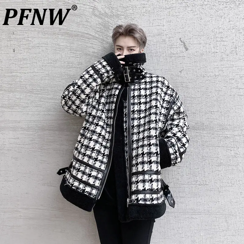 

PFNW 2021 Winter New Men's Fasion Composite Plush Thickened Plaid Warm Woolen Collar Jackets Men's Loose Cotton Coats 12X1362