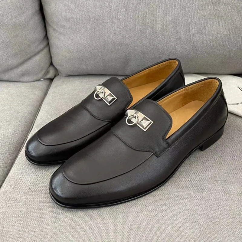 

Designer Luxury Lconic Palladium Plated Buckle Men Business Loafers BLACK Calf Leather Homme Zapatos De Hombre Men's Party Shoes