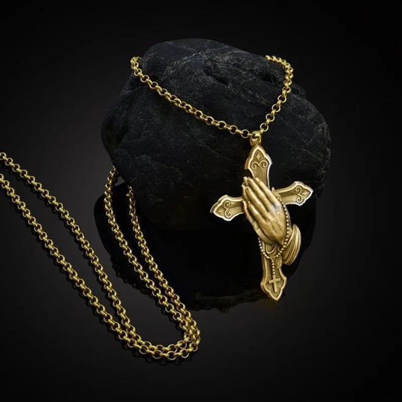 

Vintage Metal Cross Pendant Necklace for Men Women Classic Hands Together Prayer Jewellery Z4T554