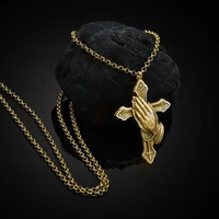 vintage metal cross pendant necklace for men women classic hands together prayer jewellery z4t554