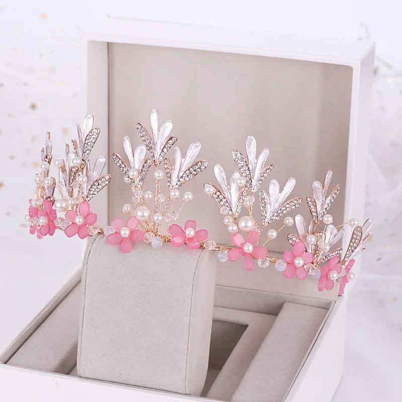 

Pink Flower Crystal Crown Tiara Children's Show Headwear Wedding Dress Accessories