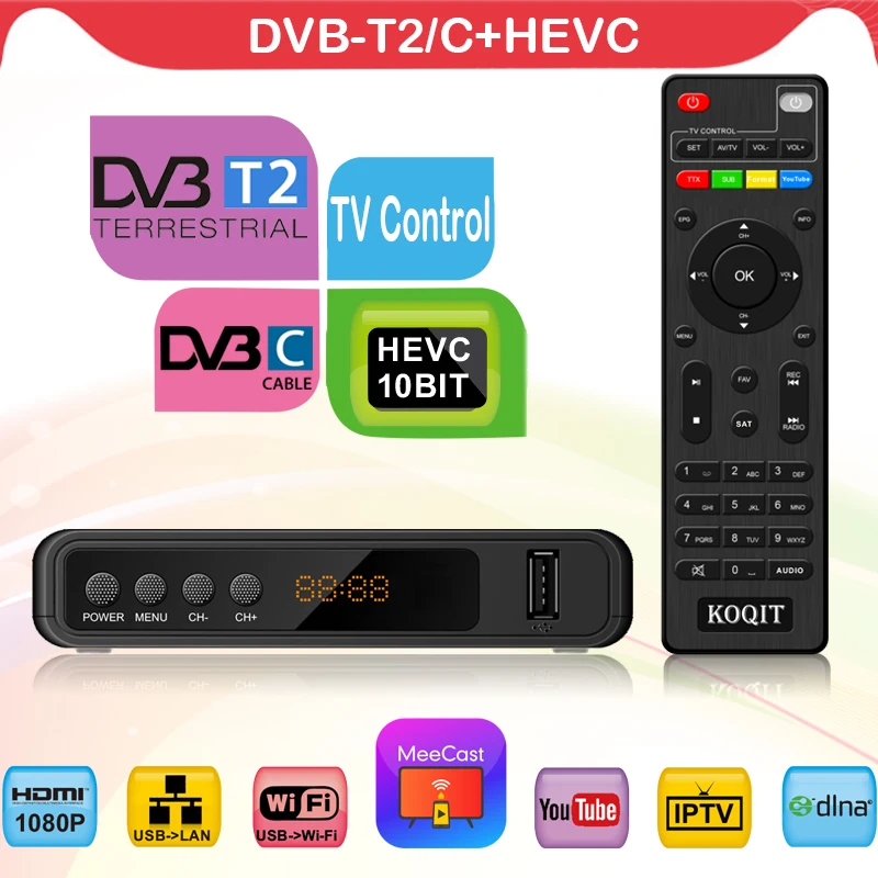 Koqit Livre Tuner Dvbc H.265 Hevc Principal 10 2in1 Remoto Dvbt2 Decodificador Digital Europa Dvb-t2 Meecast tv Vara Conjunto-caixa Superior T10 Dvb t2