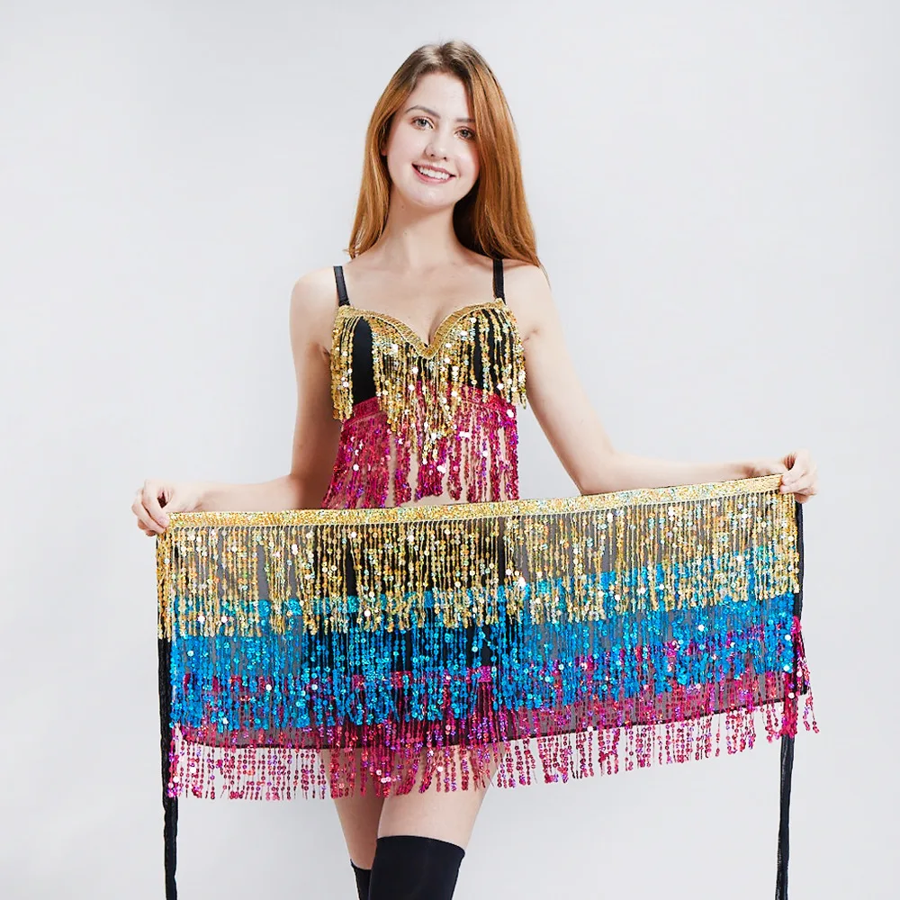 

Halloween Bra skirt New Indian Clothes Sequins Dance costume Encrypted Tassel Belly Dance Costume Tribal Performance wear