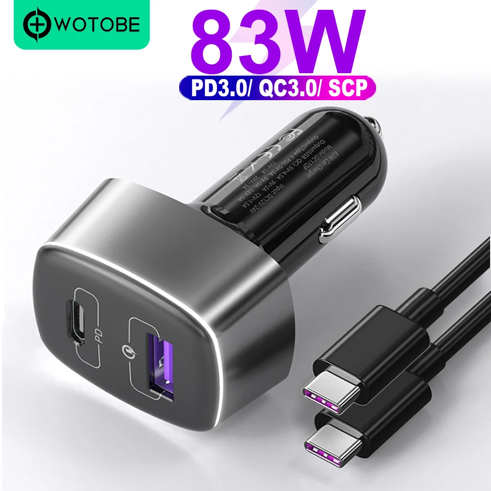Супербыстрое автомобильное зарядное устройство WOTOBE с 2 портами 83 Вт 1 порт USB C PD 60