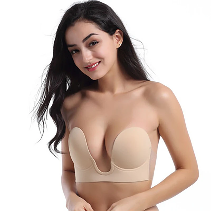 

Invisible Bra One Piece Deep U Strapless Side Wings Gathered Anti Bump Silicone Iatex Stickers Breathable Underwear Women