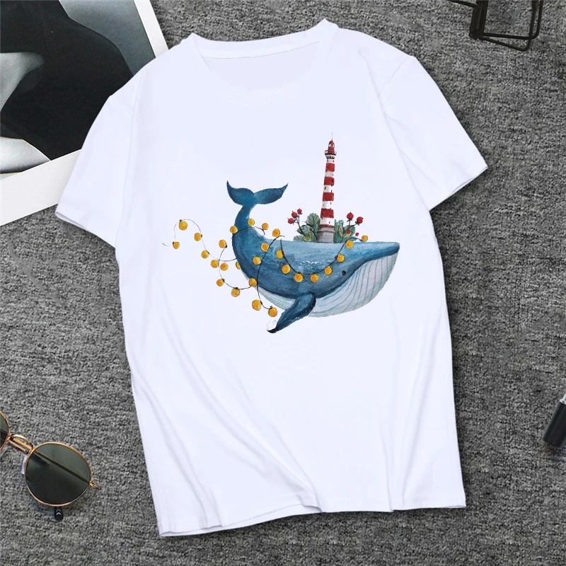 

Women's Marine Life Whale Print T-shirts New Summer Fashion Female T shirt Streetwear Casual Short-Sleeved Oversize Tops Tshirt