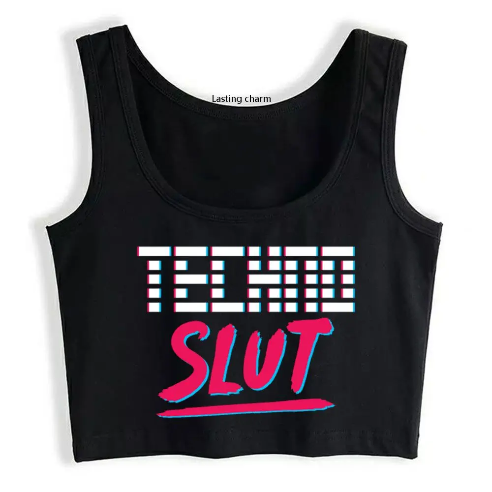 Techno Slut Pattern printing Crop Top Rave Gabber Dj Edm Clubbing Raver Funny Inscriptions Tank Top