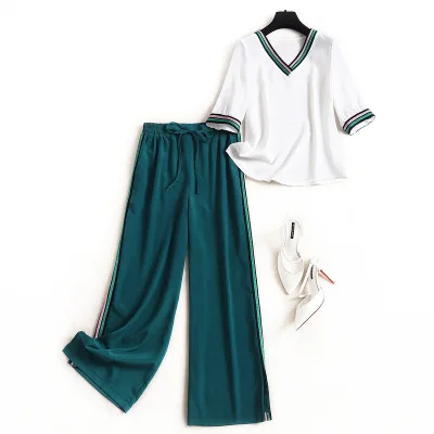 

New contrast color stripes V-neck T-shirt solid color wide leg pants casual fashion two-piece summer women's fashion suit
