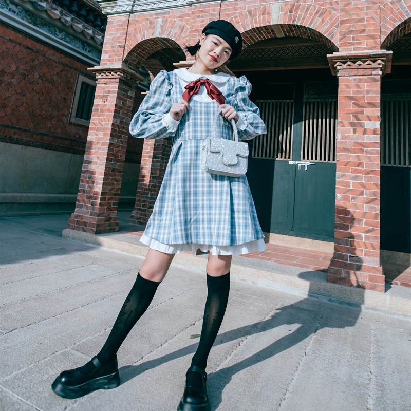 

Spring New Dress for Women Sweet Japanese Preppy Style JK Plaid Slimming Long Sleeves Lovely Soft Cute Dress Kawaii