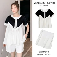 8020 summer korean fashion maternity clothing sets patchowrk loose shirt belly shorts suits for pregnant women pregnancy