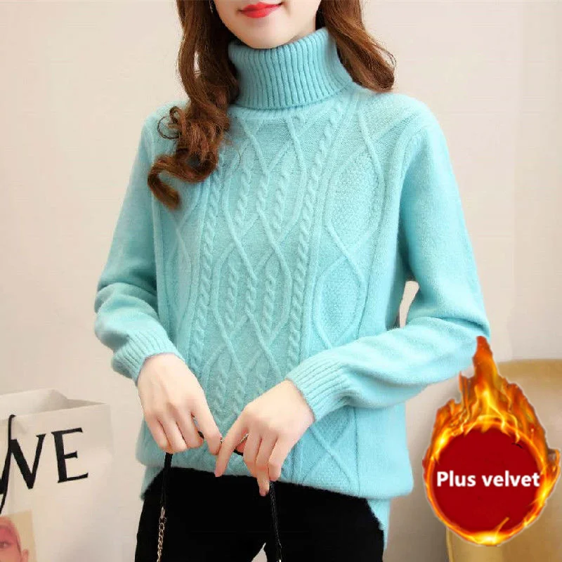 

Warm Thicken Plus Velvet Sweater High Collar All-Match Loose Knitwear Women Autumn Winter Pullover White Tops TT00127