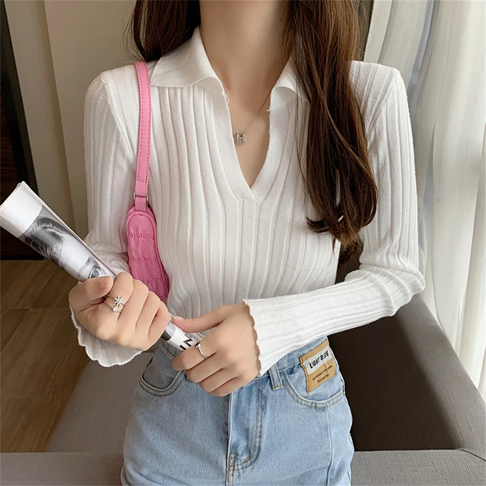 

Женский трикотажный свитер с лацканами Alien Kitty, однотонный Повседневный облегающий пуловер с длинным рукавом, осень 2021