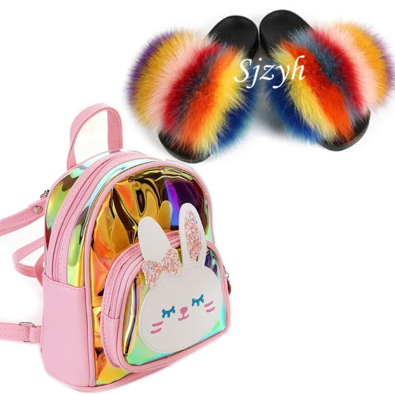 

Children's Real Fox Fur Slides Kids Backpack Toddler School Bags Shoes Sets Girls Luxury Fluffy Fur Slippers Baby Plush Sandals
