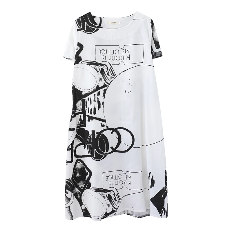 

2020 Summer New Style Mid-Length Artistic Loose plus Size Comfortable Cotton and Linen Short Sleeve Dress for Plump Girls Slim