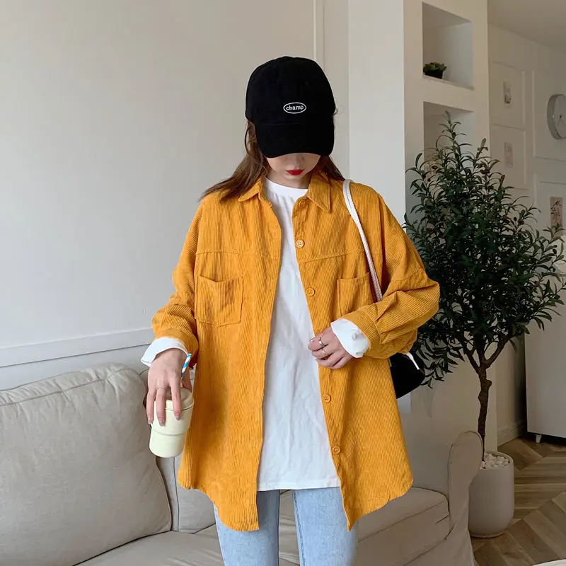 

2021 New Autumn Corduroy Purple Shirts Women Loose Turn-down Collar Long Sleeve Casual Women's Tops and Blouses Blusas Y475