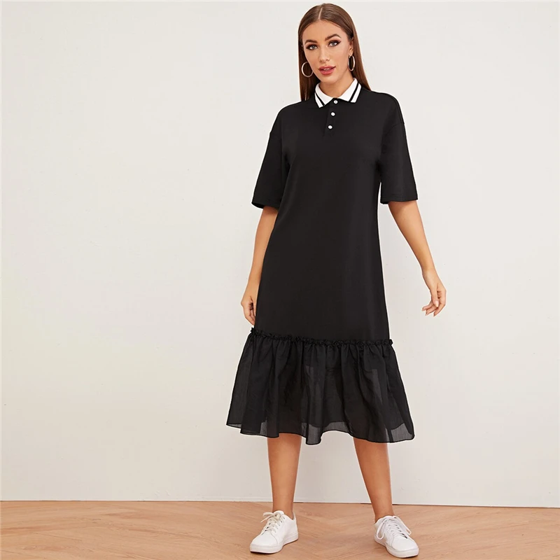 SHEIN/Черное Платье-туника с открытыми плечами и рюшами, женская осенняя одежда с заниженной талией и отложным воротником, повседневные Прямые однотонные платья