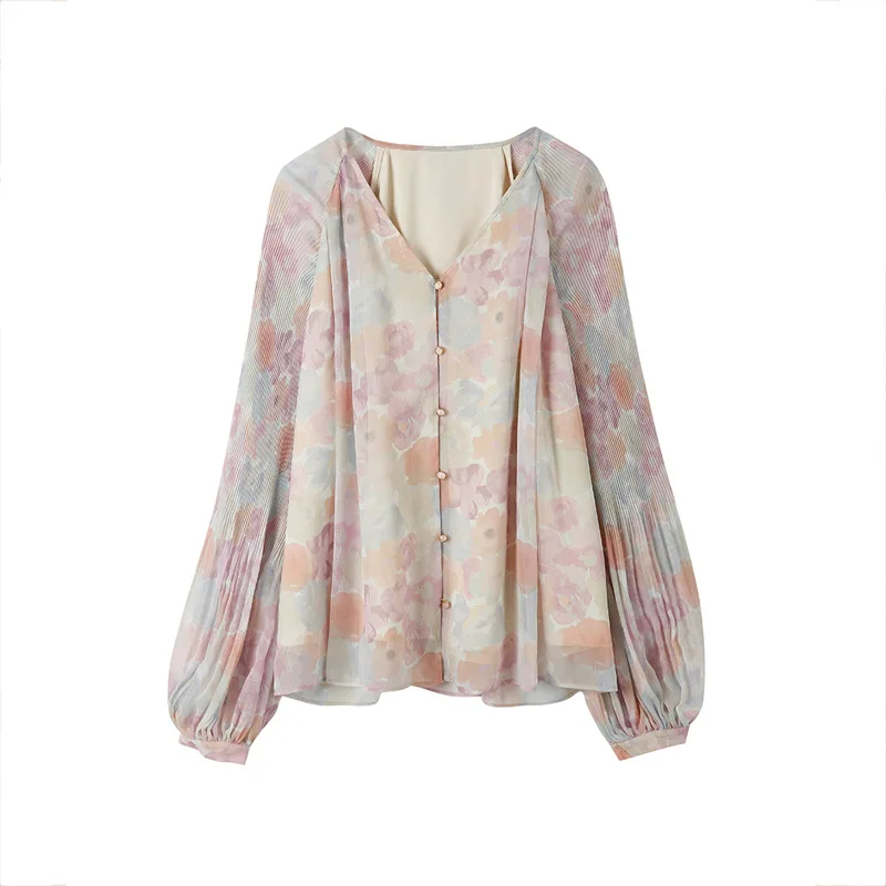 

under the gentle wind lantern sleeve v-neck floral chiffon shirt female new spring and summer of 2021 the new coat
