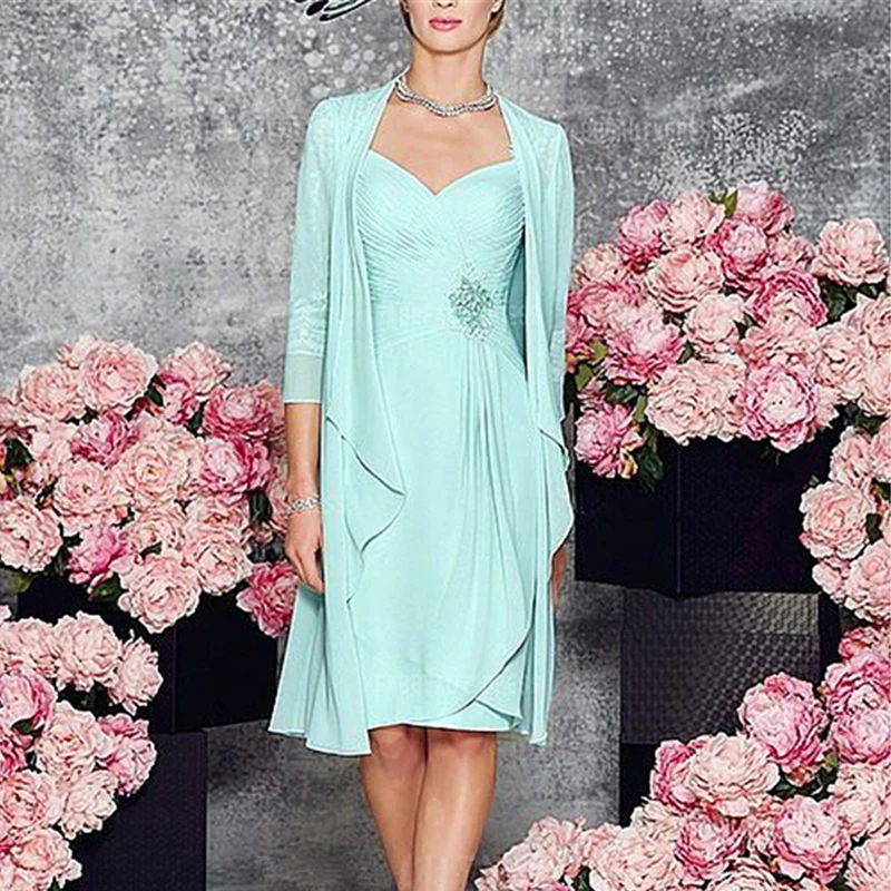 

Hot Sale Two Pieces Mother of the Bride Dresses Lace with Jacket Short Dresses Knee Length Wedding Party Gowns with 3/4 Sleeves