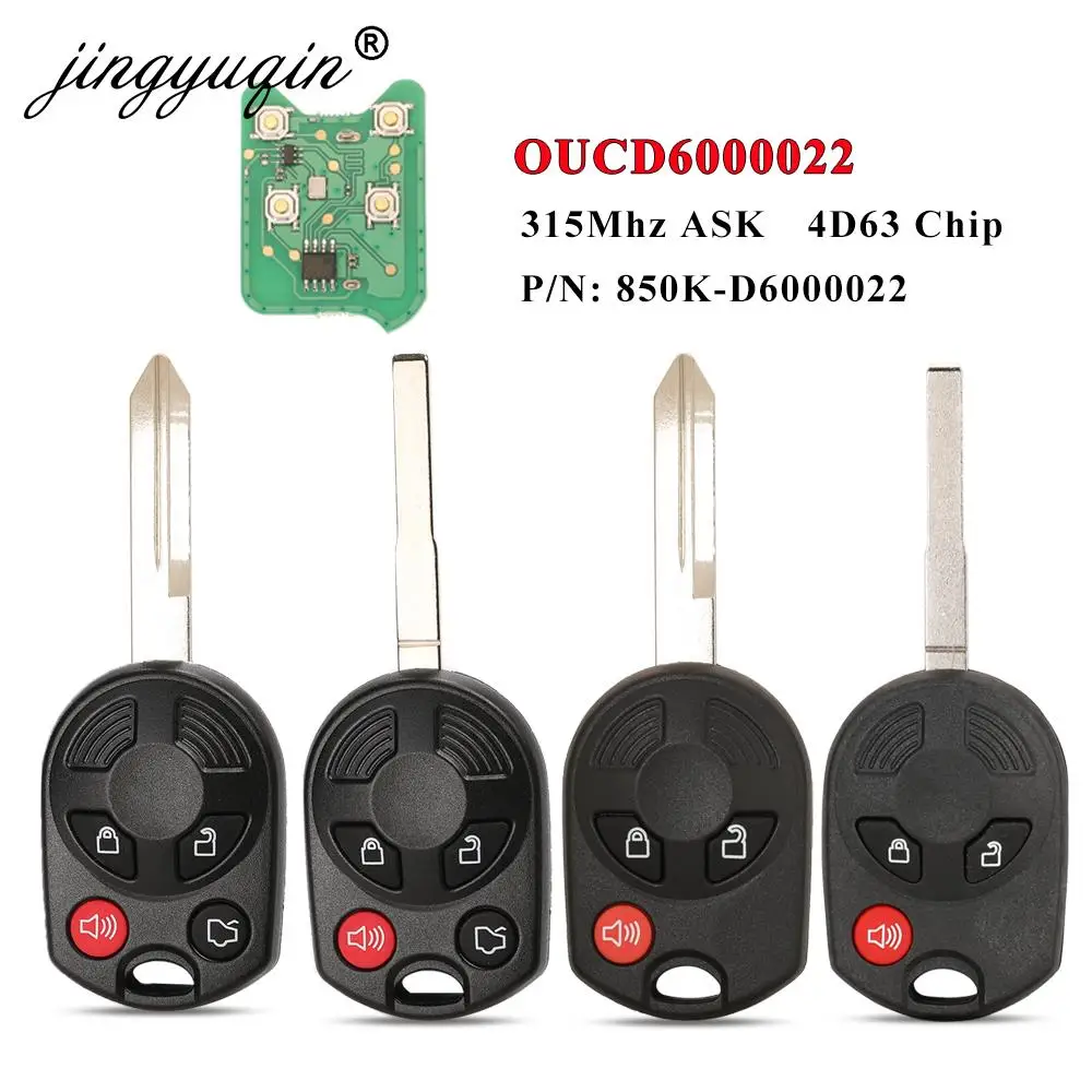 jingyuqin Remote Car Key Fob For Ford C-Max Edge Escape Focus Lincoln Mazda Mercury OUCD6000022 315Mhz Transmitter ID63 80bit 4B