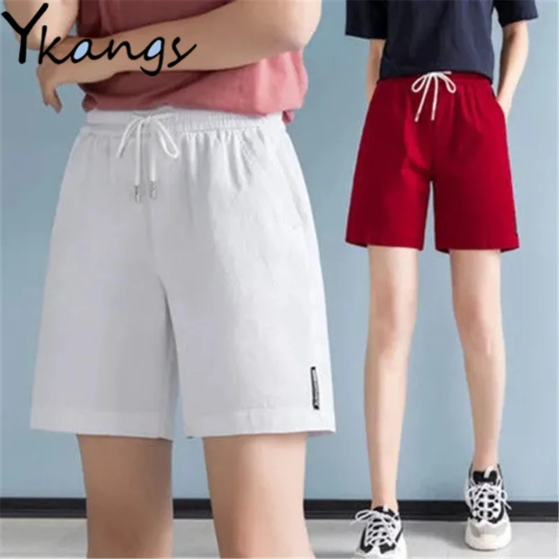 

Elastic High Waist Solid Brown Color Casual Middle Shorts Ladies Fashion High Loose Harajuku Short Plus Size Woman Clothing Chic