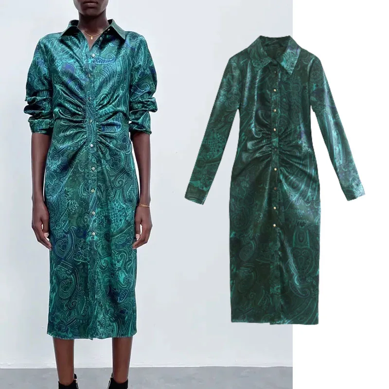 

Women's Evening Dresses Za 2021 New Fashion printing Midi Vintage With belt Long sleeve Shirt style Female Dress Vestidos Mujer