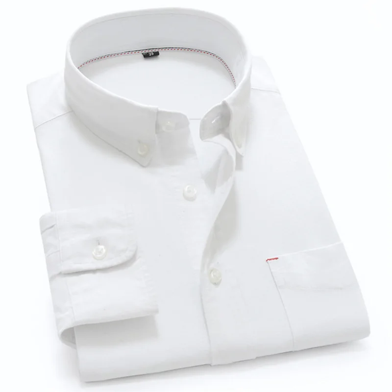 White 100% Cotton Oxford Casual Shirts For Men Long Sleeve Solid Business  Mens Dress Shirt Button Collar Plain Man's Clothing