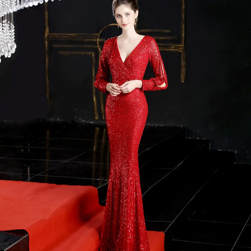 Красное блестящее длинное вечернее платье макси с блестками женское облегающее